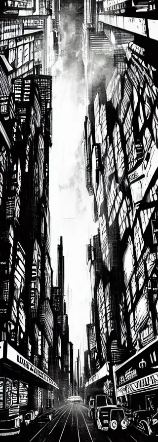 Image similar to blade runner style dystopian mega city street, lower levels with towering buildings reaching up to the clouds, viewed from street level looking up at neon sci - fi signs and lights by matt cook illustrator war artist ink drawing, ink illustration, colour ink with dark contrasted shadows