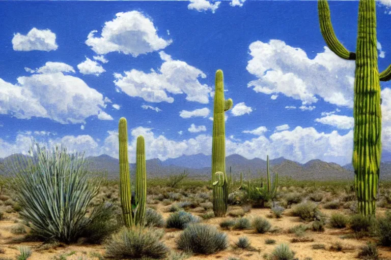 Prompt: a stormy monsoon rainstorm in the arizona desert, the sonoran desert landscape is filled with mesquite trees, agave, creosote, saguaro, prickly pear cactus, water puddles, beautiful cloudy deep blue sky, by georgia o'keeffe and thomas kinkade and quentin mabille and geoffroy thoorens, trending on artstation