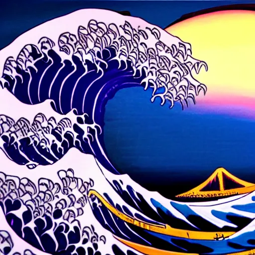 Prompt: Hokusai wave, but a paint pour in synthwave colors