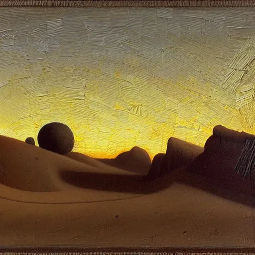 Image similar to desert landscape oil painting at twilight, intricate lines, elegant, extreme detail, smooth, sharp focus, art by vermeer and edward church