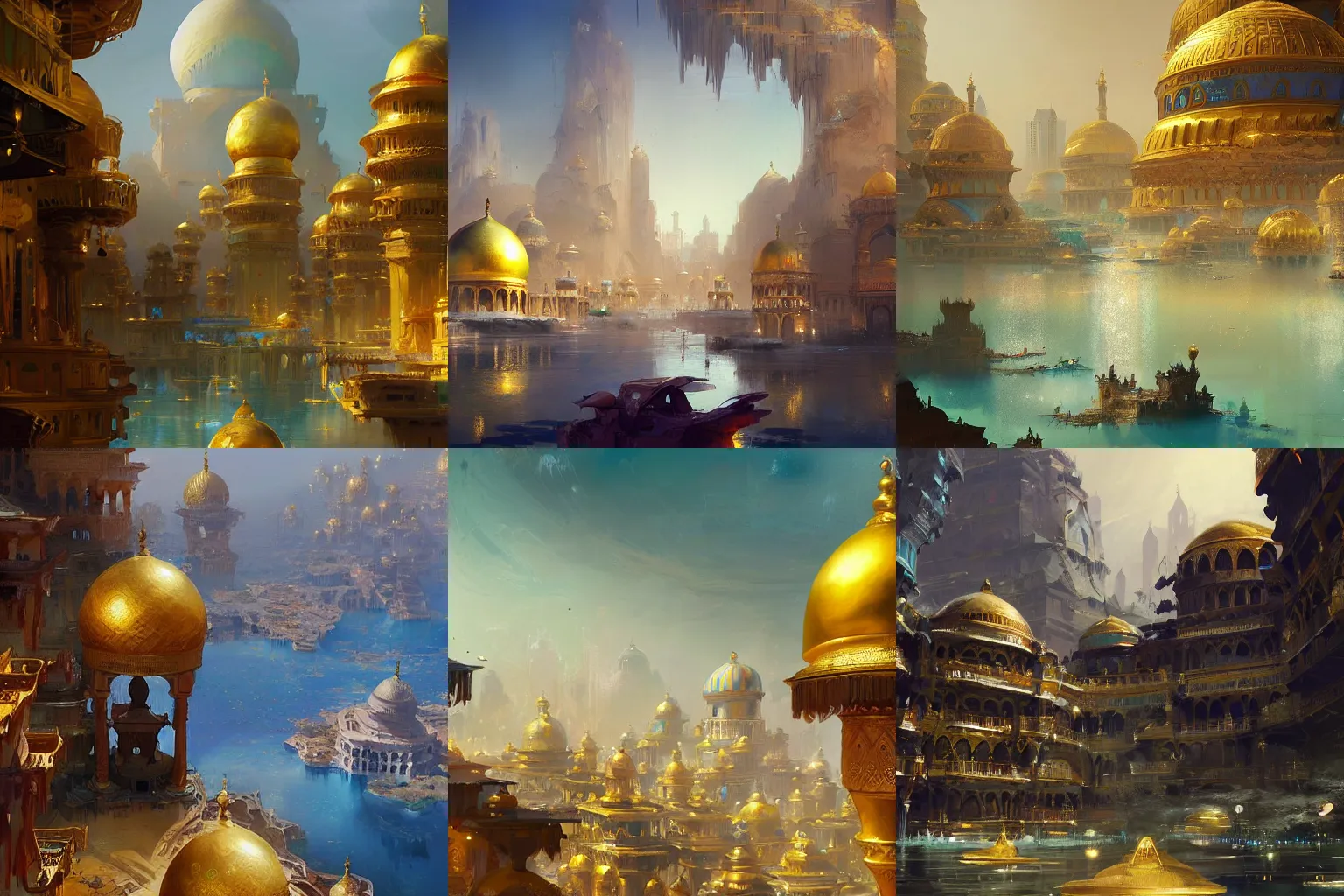 Prompt: Arabian city with golden domes and gemstones overflowing with water environment concept art matte painting by Theo Prins and Ruan Jia