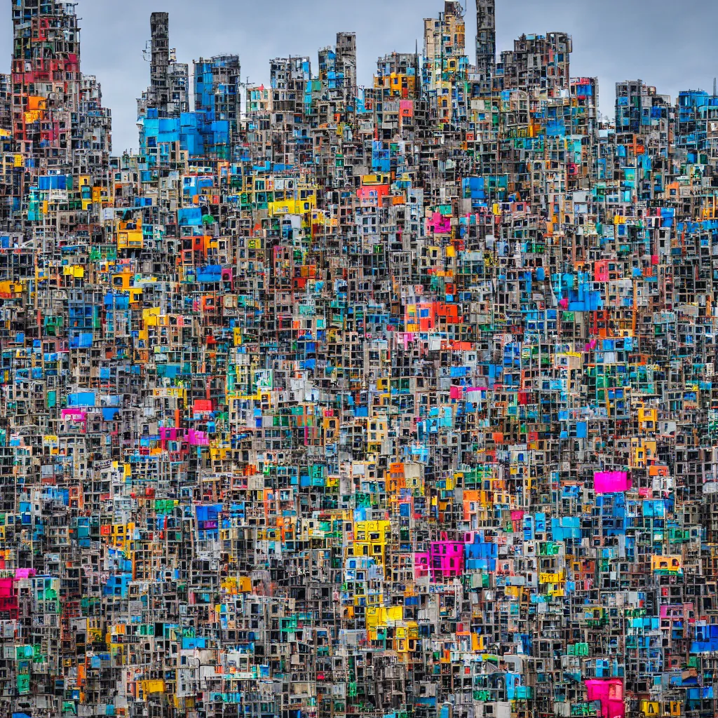 Prompt: a skyscraper made up of colourful makeshift squatter shacks, dystopia, sony a 7 r 3, f 1 1, fully frontal view, photographed by jeanette hagglund, ultra detailed,