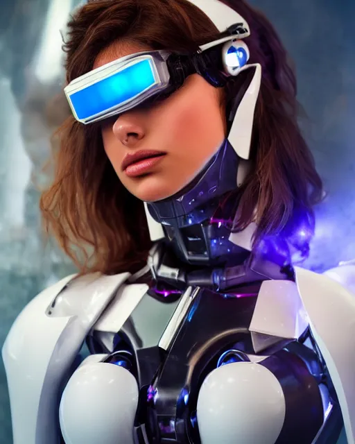 Image similar to centered portrait of seductive young sabrina salerno as a solarpunk mecha humanoid robotic parts wearing crystal goggles with bright led lights, real human face, pudica gesture bouguereau style, in white room, ultra - realistic and intricate, soft portrait shot 8 k