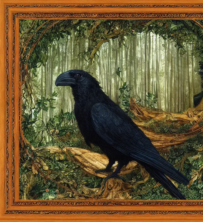 Image similar to a breathtakingly stunningly pre raphaelite beautifully highly detailed close up animal portrait of a majestic raven, in an forest arch with smokey water reflections, framed, by rosetti and devinci and morris and walter crane and michael cheval and sidney cooper and turner, 4 k