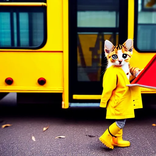Prompt: anthropomorphic cute kitten wearing a yellow raincoat and yellow boots and red backpack standing next to a schoolbus on the first day of kindergarten, with colorful fall leaves and light rain, critical moment photograph