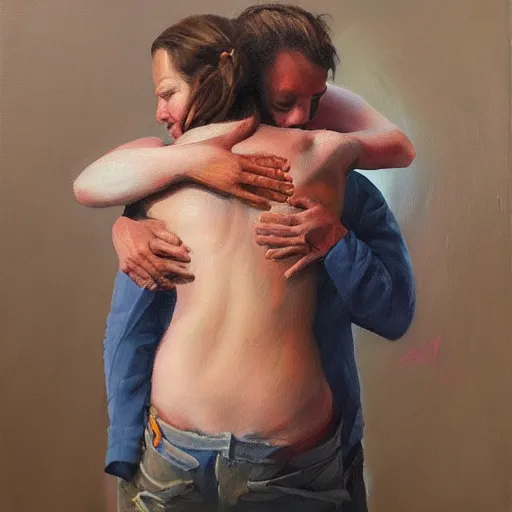 Prompt: a hug, masterpiece, trending on artstation, oil on canvas