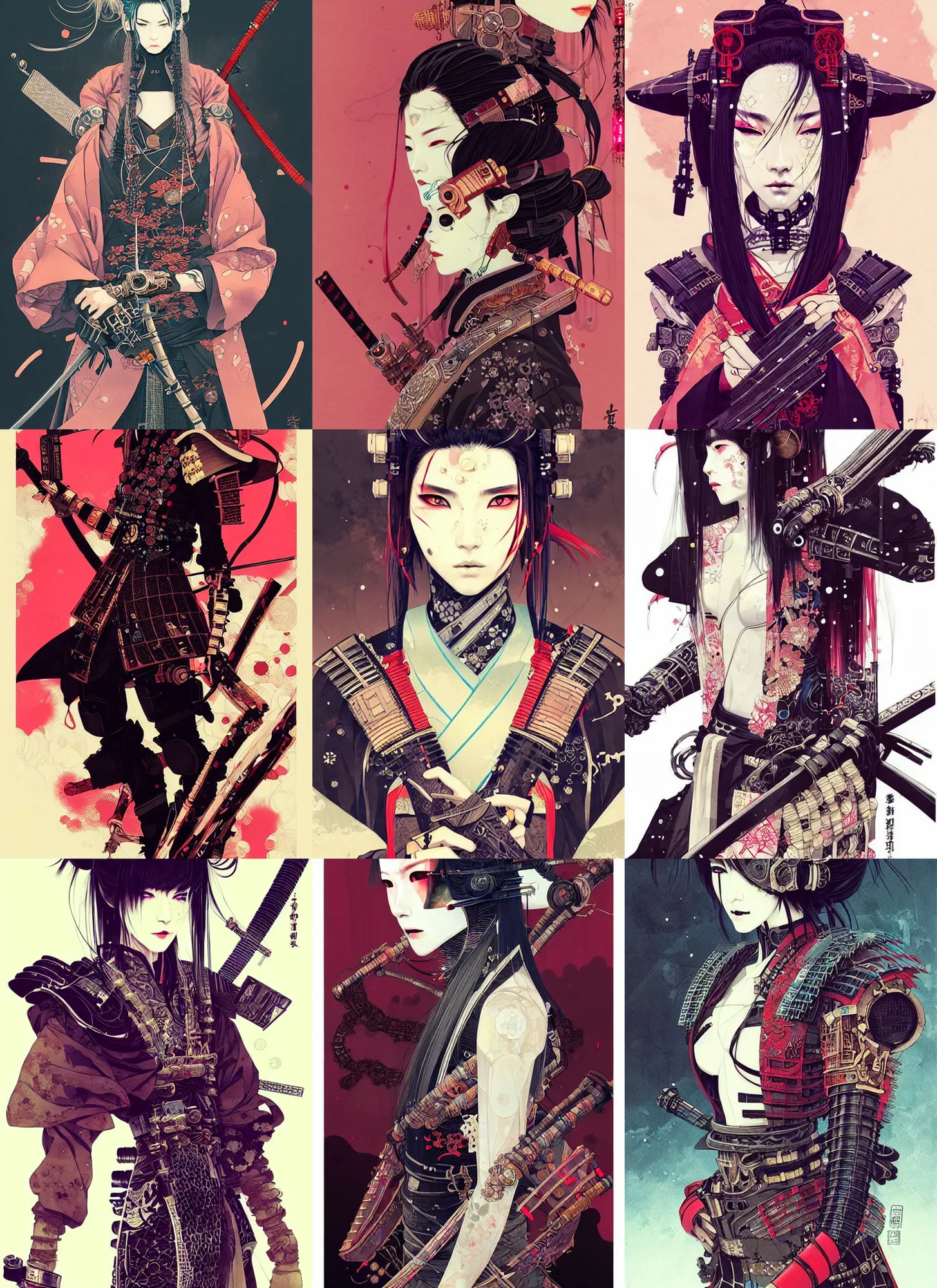 Prompt: very beautiful cyberpunk samurai, detailed portrait, wearing kimono armor, steampunk sword, by conrad roset, takato yomamoto, jesper ejsing, beautiful