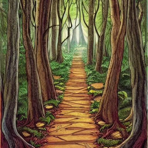 Image similar to a path through a forest with lots of books, a storybook illustration by pamela ascherson, pinterest, fantasy art, storybook illustration, enchanting, whimsical