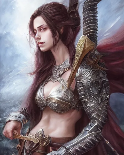 Image similar to a beautiful female warrior, 8 k, hyperrealistic, dragon slayer, hyperdetailed, fantasy portrait by laura sava