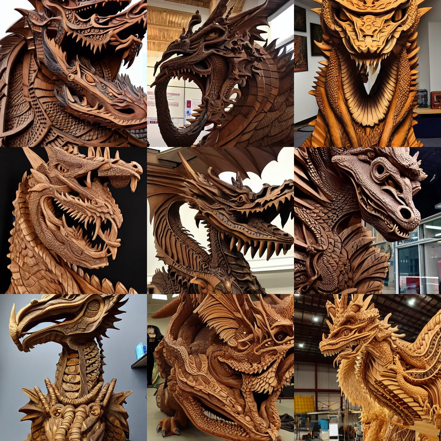 Prompt: gigantic meticulously detailed wooden figure of a dragon. the way it looks at me sends chills down my spine.