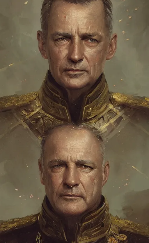 Prompt: Portrait of a middle-aged admiral, male, detailed face, fantasy, highly detailed, cinematic lighting, digital art painting by greg rutkowski