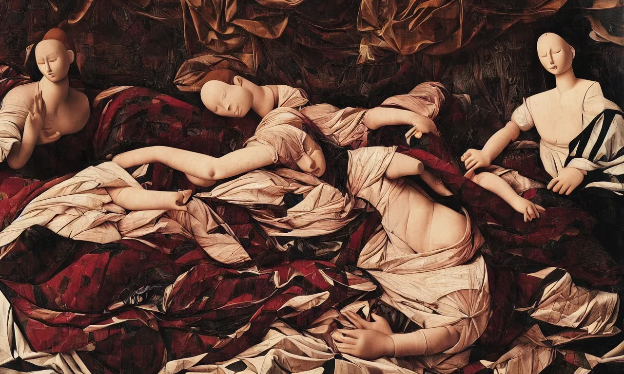 Image similar to a portrait of a beautiful female mannequin, a jointed wooden art doll with long flowing hair, sleeping on a patchwork quilt with a cat asleep next to her, cats sleeping, by Raphael, by Caravaggio