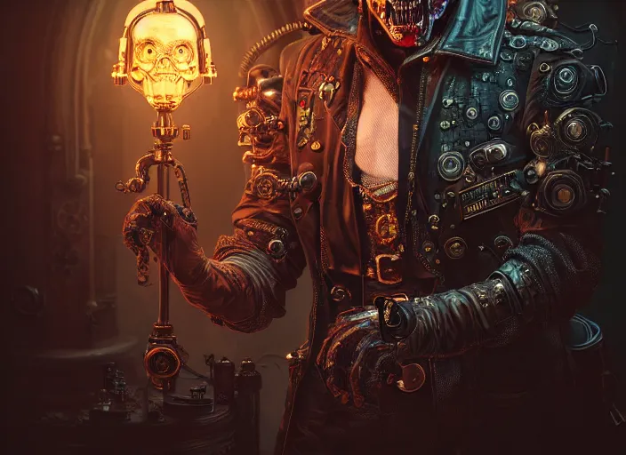 Image similar to an intricately detailed ultra - realistic unreal engine 5 rendering of a portrait of steampunk cyberpunk neon - bordered cyborg zombie phantom of the opera, concept art, intricate details, eerie, highly detailed, photorealistic, octane render, 8 k uhd art by kilian eng