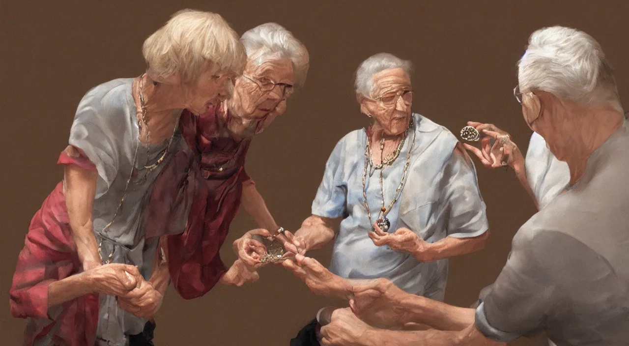 Image similar to an old woman giving a jewel to a young man, realistic, raytracing, detailed