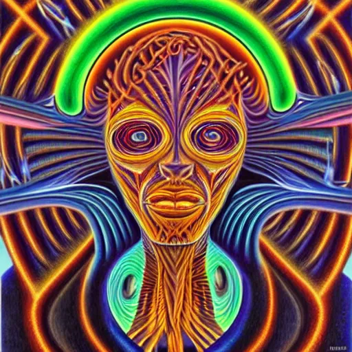 Prompt: enlightened biomechanical a. i, oil painting by alex grey