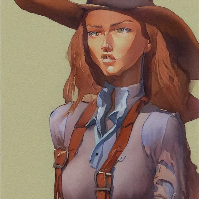 Image similar to a oil / watercolor painting full body character portrait of a cloned cowgirl in the style of moebius in the style of leonard boyarsky trending on artstation deviantart pinterest detailed realistic hd 8 k high resolution