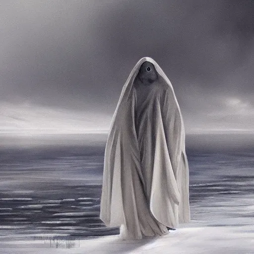 Prompt: ominous bedsheet ghost standing on a frozen lake, oil painting, brush strokes, gloomy foggy atmosphere, symmetrical, full body image, highly ornate intricate details,