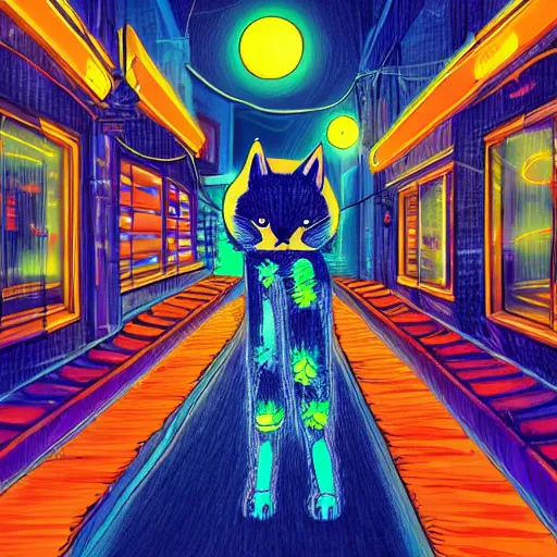 Prompt: A loan cat is walking in a beautiful neon city at night time, artistic digital art, trending on art station, extremely detailed, symmetrical