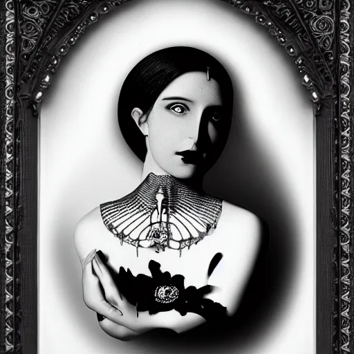 Image similar to black and white photographic dreamy portrait, biomechanical beautiful young female priestess, volumetric light, rim light, by dora maar and cecile beaton, big gothic fashion pearl embroidered collar, 8 k