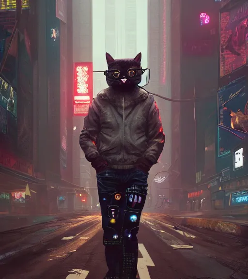 Image similar to new york city portrait of furry anthro anthropomorphic cat head animal person fursona wearing clothes strange cybernetic muzzle gloomy rainy screenshot from the video game cyberpunk 2077 digital art by Greg Rutkowski, Simon Stalenhag, christopher nolan trending on Artstation, CGSociety