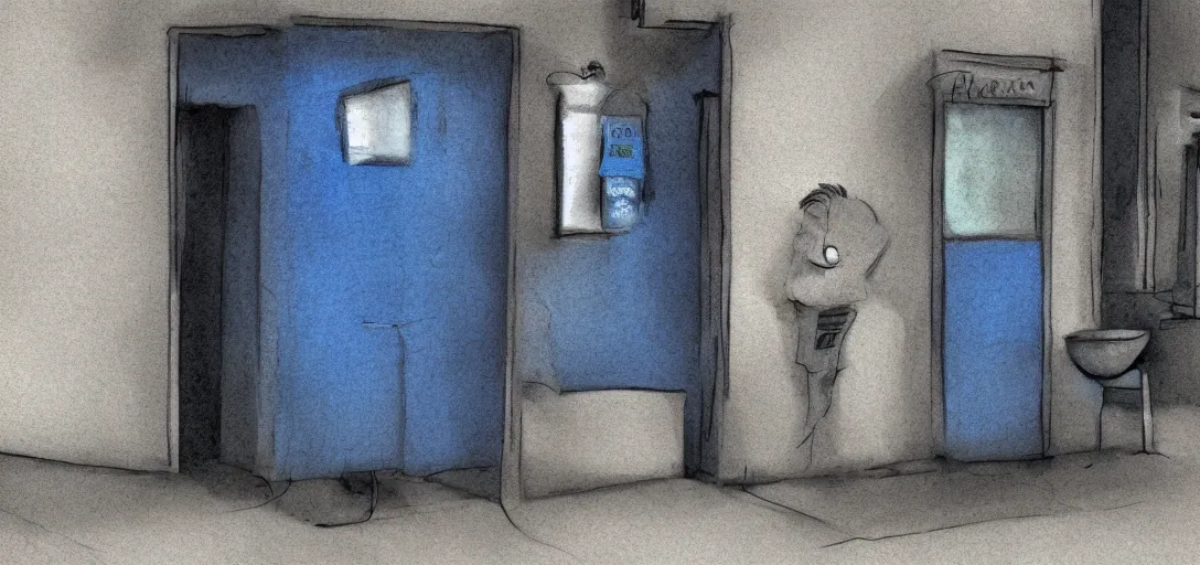Image similar to a ghost queuing to use a public toilet, cinematic, blue, digital art