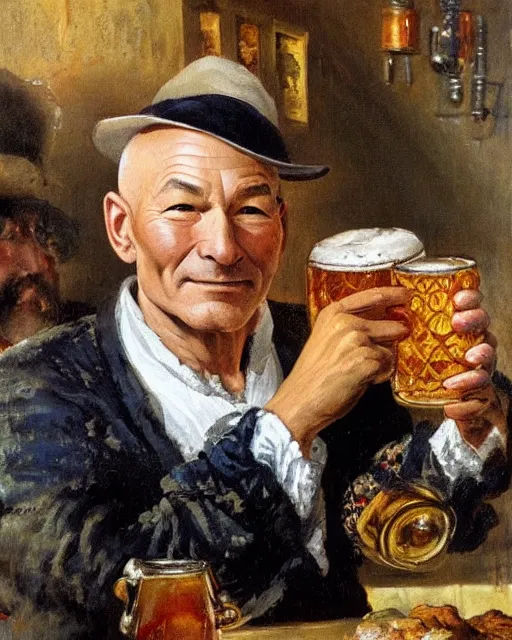 Image similar to a painting of patrick stewart holding a mug of beer at the oktoberfest, a detailed painting by konstantin makovsky and by jan matejko and by nikolay makovsky, shutterstock contest winner, german romanticism, detailed painting, oil on canvas, wimmelbilder