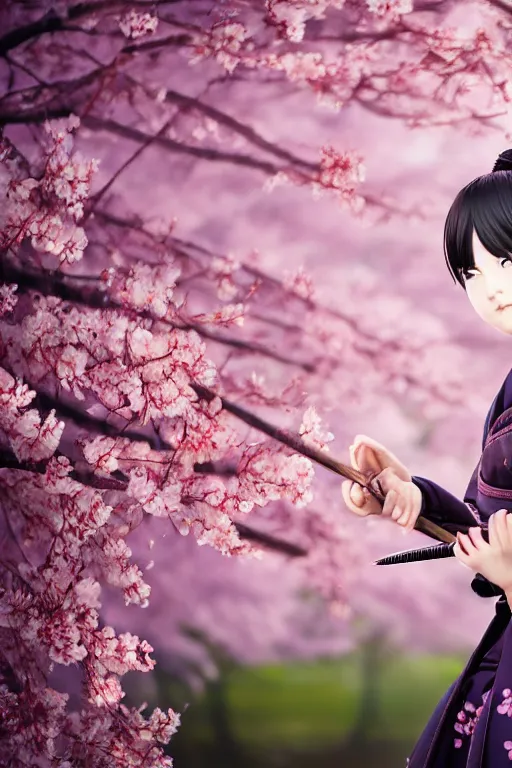 Image similar to highly detailed beautiful photo of a young female samurai, practising sword stances in front of a cherry blossom tree, symmetrical face, beautiful eyes, pink hair, realistic anime art style, 8 k, award winning photo, pastels colours, action photography, 1 / 1 2 5 shutter speed, sunrise lighting