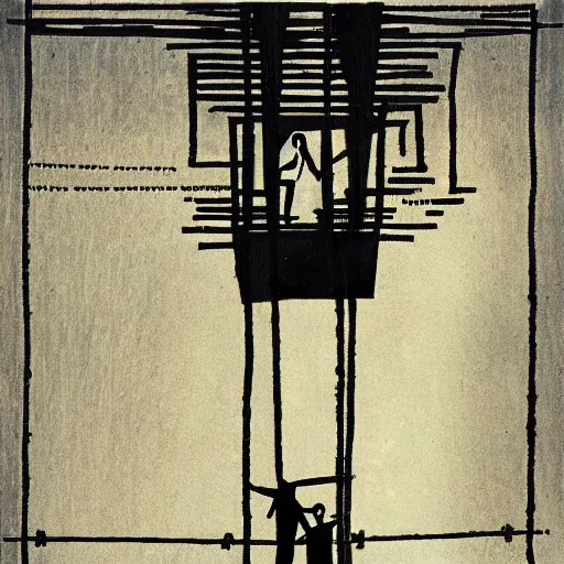 Prompt: a man in front of a high wire fence, bauhaus, dystopian art