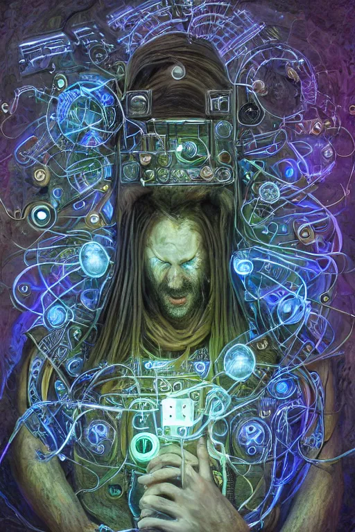 Image similar to portrait of a druid playing an electronic!!-musical-instruments, intricate, stunning, highly detailed, digital painting, artstation, concept art, smooth, sharp, focus, illustration, michael whelan, inside an a space station recording studio filled with strange surrealist detailed alien electronic and acoustic musical-instruments!! with blinking LEDs and oscilloscopes on screens in detailed alien interiors, backlit fog, designed by Larry Elmore Kerlaft and Pixar, photorealistic, 3d render, award winning render, unreal engine, octane render, studio lighting, 8k, hd