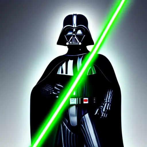 Image similar to A studio image of Darth Vader holding a green lightsaber, ray tracing, 4k, hyper detailed, studio lighting, movie set,