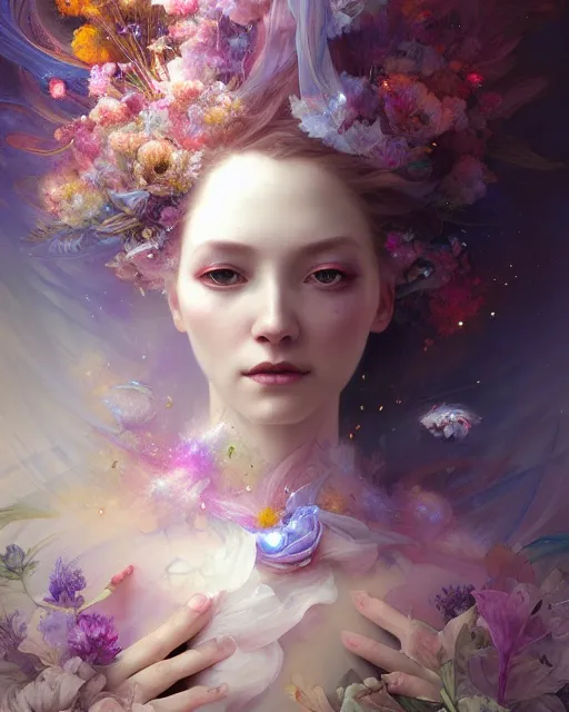 Image similar to Full View ultrarealistic Portrait ethereal fantasy deity wearing beautiful gown, flowers, spirituality, 4k digital masterpiece by Anna Dittman and Alberto Seveso Ruan Jia, rossdraws, artgerm and greg rutkowski and alphonse mucha and loish and WLOP, fantasycore, Hyperdetailed, realistic digital painting, atmospheric, fireflies, soft lighting, featured on Artstation