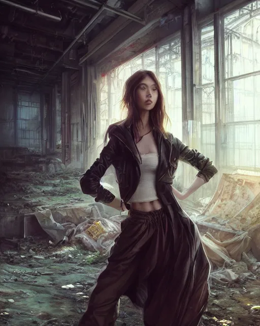 Prompt: daniel gerhartz and artgerm portrait digital rococo painting of a beautiful woman wearing streetwear clothing, abandoned warehouse interior in the background, unreal engine, hyper realism, realistic shading, cinematic composition, realistic render, octane render, detailed textures, photorealistic, ultrawide shot, 3 5 mm film