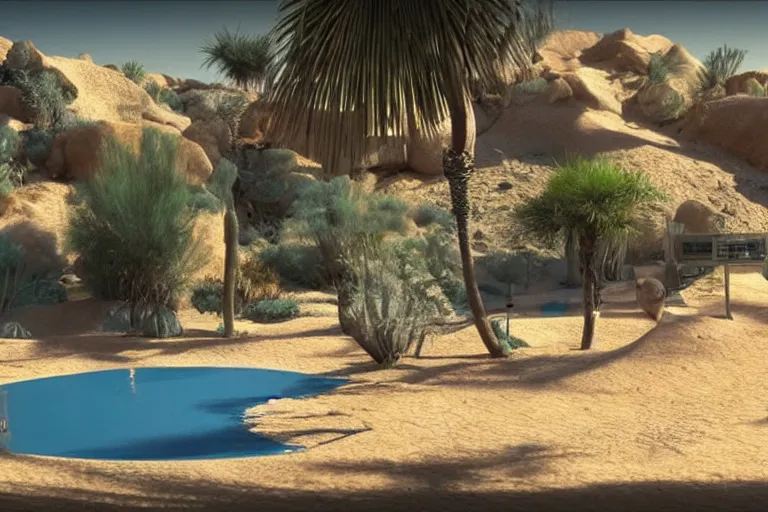 Prompt: desert oasis in a translucent casing electronic environment, ps 4 screenshot, still from a kiyoshi kurosawa movie, sanriocore, full sun lighting