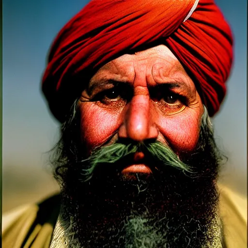 Image similar to portrait of president millard fillmore as afghan man, green eyes and red turban looking intently, photograph by steve mccurry