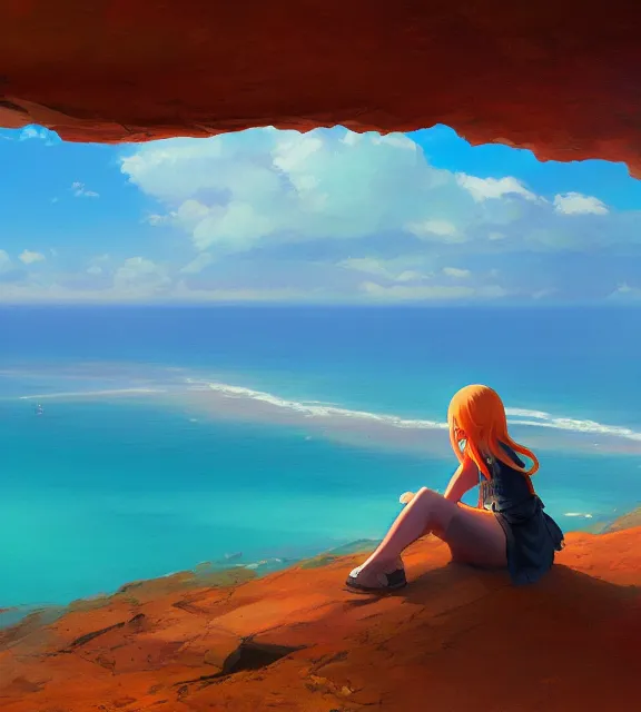 Image similar to a girl sitting on a cliff overlooking a beach. vivid colors, soft lighting, atmospheric, cinematic, moody, in the style of ilya kuvshinov and range murata, krenz cushart, oil on canvas, 8 k