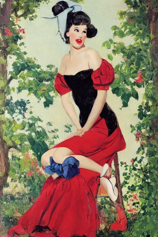 Prompt: a portrait one full body pin wearing a dress.on a chair.a garden in the backgound.Gil Elvgren,Vaughan Bass,Joyce Ballantyne style,center composition,anatomically correct