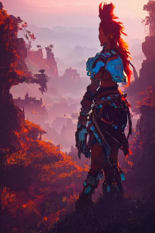 Image similar to combination suit armor aloy horizon forbidden west horizon zero dawn radiating a glowing aura global illumination ray tracing hdr fanart arstation by ian pesty and alena aenami artworks in 4 k tribal robot ninja mask helmet backpack