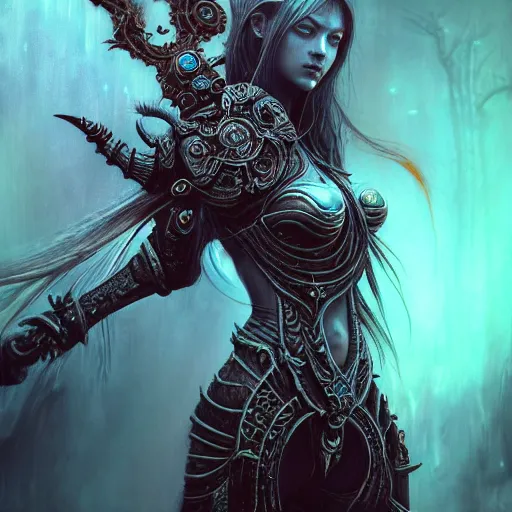 Image similar to a highly detailed long shot photo of chthonic warcraft female character by ayami kojima, beksinski, giger, intricate, digital painting, artstation, intricate, concept art, smooth, sharp focus, illustration