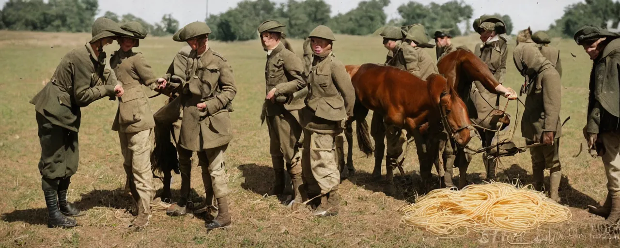 Prompt: soldiers feeding horses spaghetti, world war 1, canon 5 0 mm, kodachrome, in the style of wes anderson, retro