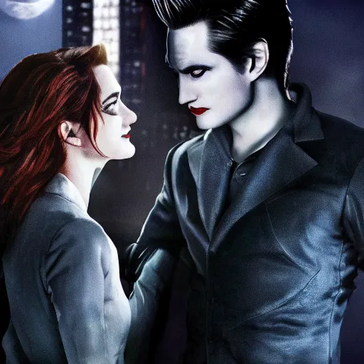 Image similar to Edward Cullen beating Batman while Bella Swan kisses the Catwoman in the background night full moon city buildings gotham city movie poster