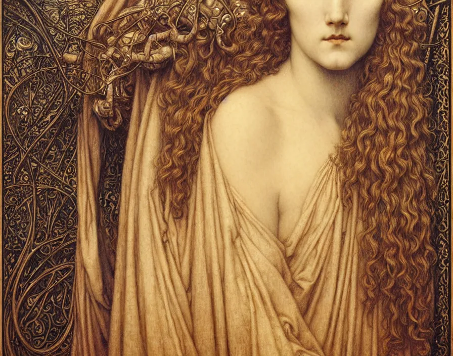 Image similar to detailed realistic beautiful young medieval queen face portrait by jean delville, gustave dore and marco mazzoni, art nouveau, symbolist, visionary, gothic, pre - raphaelite. horizontal symmetry