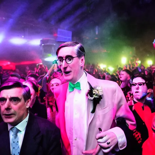 Image similar to jacob rees - mogg at a rave surrounded by dayglo ravers, dramatic angle