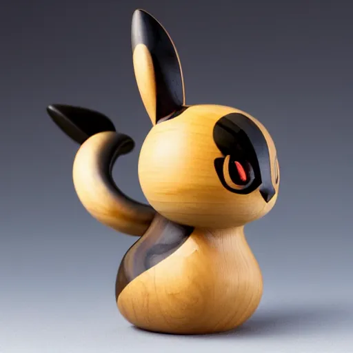 Image similar to a zoomed out studio product shot of a rounded carved smooth cherry wood and resin pokemon umbreon in profile, like a catalog photograph, where distinct sections of the carving are blue resin, but is mostly wood, with a smooth featureless minimalist short wooden nose with no nostrils, and a round minimalist behind