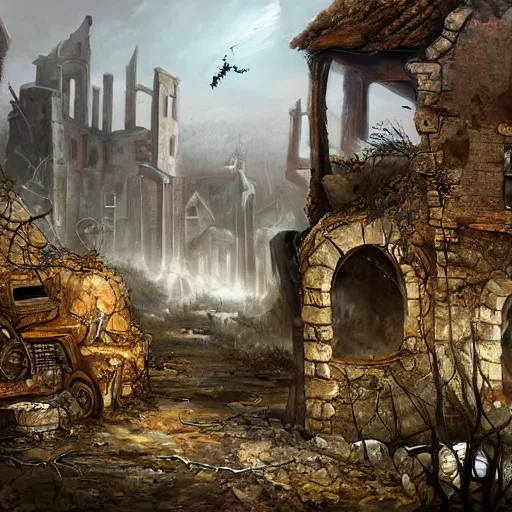 Image similar to a stunning painting of a a ruined village at the end of the world, digital art, hyper-detailed