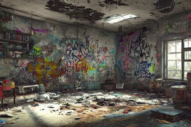 Image similar to perspective shot of a grungy derelict georgian manor interior with colourful graffiti on the walls and garbage scattered on the floor, reclaimed by nature in the style of last of us, trending on cgsociety, high detail, cinematic lighting, 8k, rendered in unreal engine