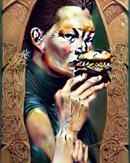 Image similar to Beautiful and playful portrait of kate moss eating a big mac, art nouveau, fantasy, intricate flower designs, elegant, highly detailed, sharp focus, art by Hasui Kawase, Artgerm and Greg Rutkowski and WLOP