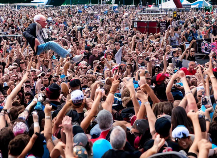 Image similar to photo still of bernie sanders at vans warped tour!!!!!!!! at age 8 0 years old 8 0 years of age!!!!!!! stage diving into a crowd, 8 k, 8 5 mm f 1. 8, studio lighting, rim light, right side key light