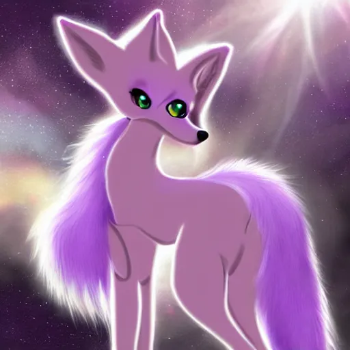 Image similar to fantasy.. lilac fox with a long fluffy, shiny coat. milky way. very excellent very accurate picture