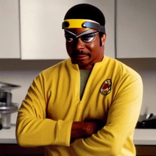 Image similar to Geordi LaForge wearing visor and a colander and random kitchen tools on his head