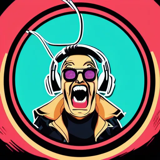 Image similar to svg vector sticker of absolutely insane-mad-scientist-villain, rocking out, wearing headphones, huge speakers, dancing, rave, DJ, spinning records, digital art, amazing composition, rule-of-thirds, award-winning, trending on artstation, featured on deviantart